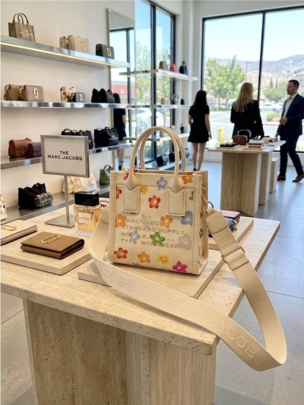 Marc Jacobs Cream Canvas Mini Tote with Multicolor Floral Motif